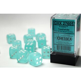 Chessex - Frosted - 16mm D6 Dice Block (12 Dice) - Teal/White